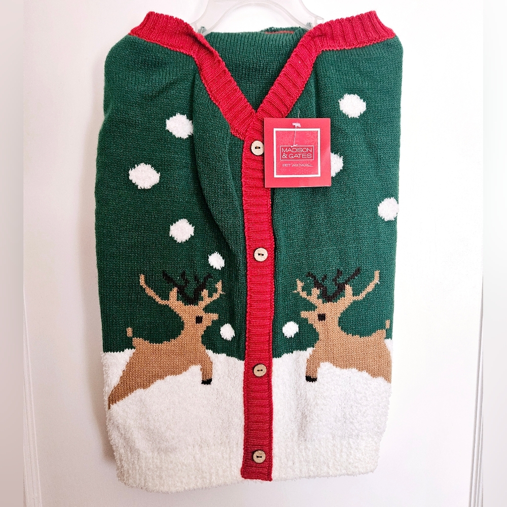 NWT Madison & Gates Reindeer Winterland Christmas Dog Sweater Knit Cardigan XL